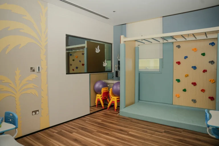 Children's activity room at the alkalma Al Bateen clinic with a climbing wall and soft play equipment