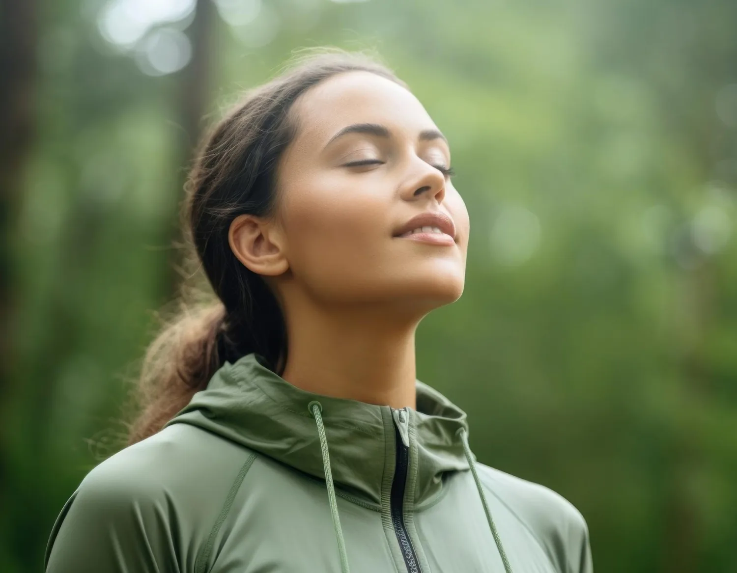 A woman outdoors breathing slowly with her eyes closed